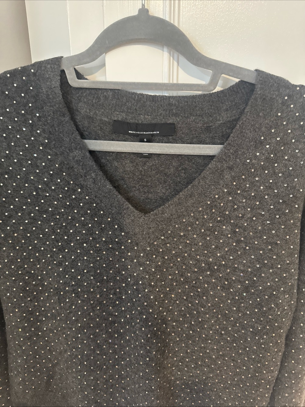 White House Black Market Dark Gray V-Neck Sweater with Stud Embellishment